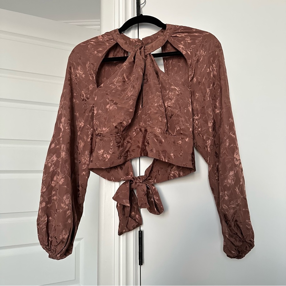 Astr Betsy Floral Cutout Long Sleeve Top in Brown Jacquard Blouse Size Small - Picture 4 of 8